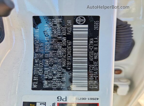 4T1BF1FK3HU287467 2017 TOYOTA CAMRY White Vista del compartimento del motor