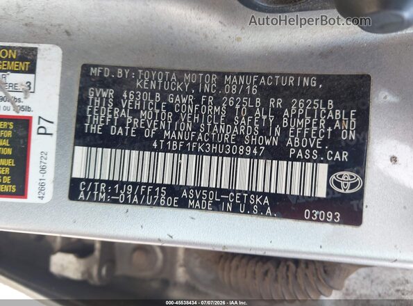 4T1BF1FK3HU308947 2017 TOYOTA CAMRY Silver Вид підкапотного простору