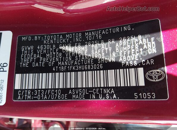 4T1BF1FK3HU683026 2017 TOYOTA CAMRY Red Շարժիչի բաժամունքի տեսք