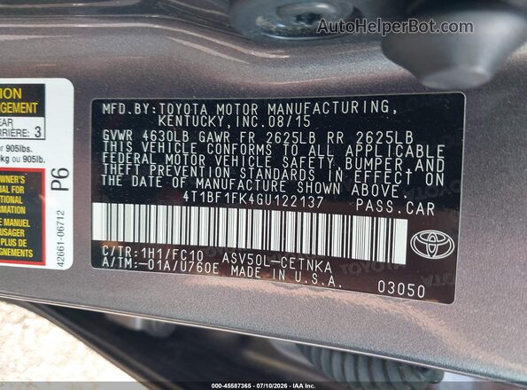4T1BF1FK4GU122137 2016 TOYOTA CAMRY Серебряный Вид подкапотного пространства