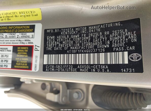 4T1BF1FK4GU237126 2016 TOYOTA CAMRY Gold Շարժիչի բաժամունքի տեսք