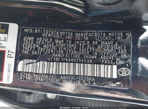 4T1BF1FK4GU254539 2016 TOYOTA CAMRY Black Engine compartment view