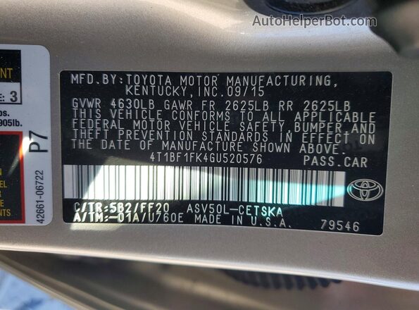 4T1BF1FK4GU520576 2016 TOYOTA CAMRY Tan VIN sticker view