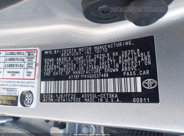 4T1BF1FK4GU537488 2016 TOYOTA CAMRY Silver Widok komory silnika