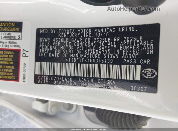 4T1BF1FK4HU345439 2017 TOYOTA CAMRY White ძრავის განყოფილების ხედი