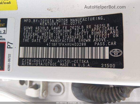 4T1BF1FK4HU403288 2017 TOYOTA CAMRY Белый Вид подкапотного пространства