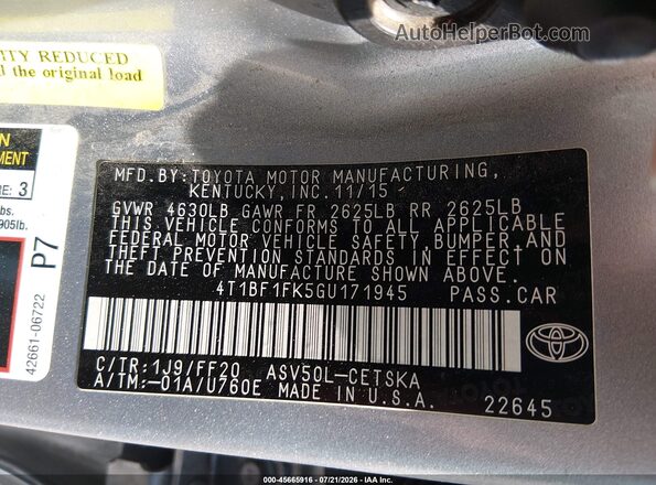 4T1BF1FK5GU171945 2016 TOYOTA CAMRY Silver Вид підкапотного простору