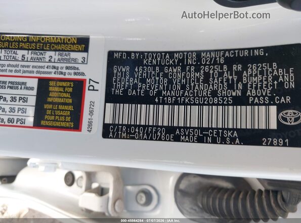4T1BF1FK5GU208525 2016 TOYOTA CAMRY White Вид підкапотного простору