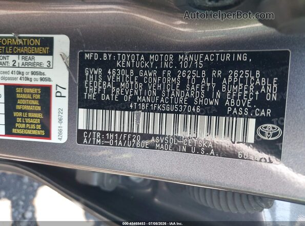 4T1BF1FK5GU537046 2016 TOYOTA CAMRY Gray Շարժիչի բաժամունքի տեսք