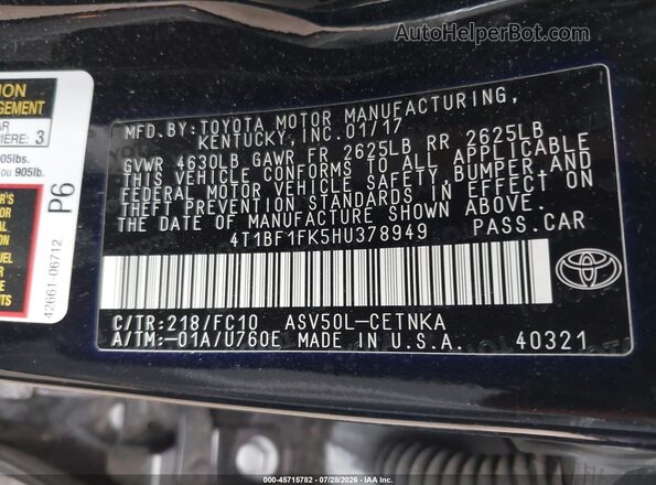 4T1BF1FK5HU378949 2017 TOYOTA CAMRY Black Engine compartment view