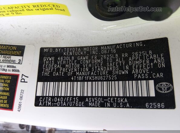 4T1BF1FK5HU627525 2017 TOYOTA CAMRY White Вид підкапотного простору