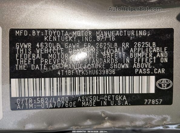 4T1BF1FK5HU639836 2017 TOYOTA CAMRY Gold Շարժիչի բաժամունքի տեսք