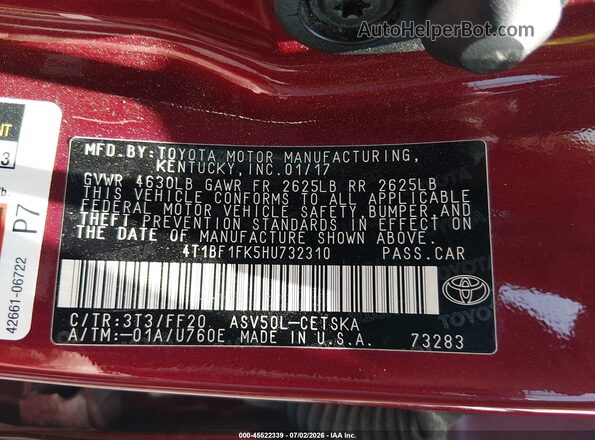 4T1BF1FK5HU732310 2017 TOYOTA CAMRY Красный Вид подкапотного пространства