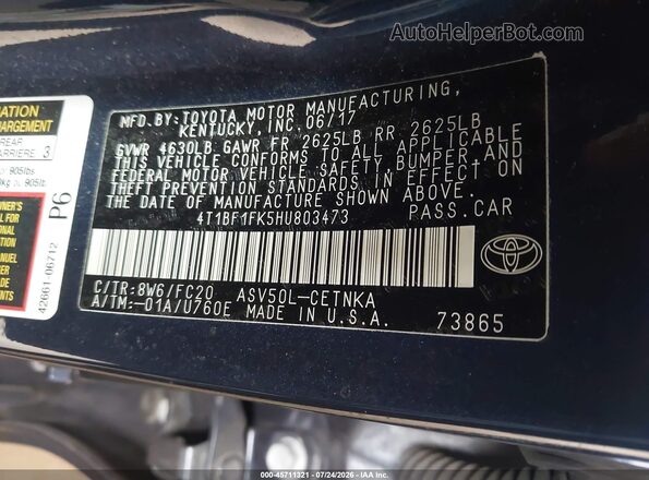 4T1BF1FK5HU803473 2017 TOYOTA CAMRY Синий Вид подкапотного пространства