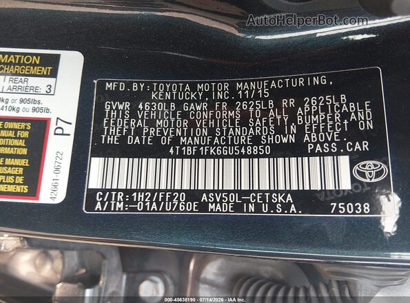 4T1BF1FK6GU548850 2016 TOYOTA CAMRY Black Շարժիչի բաժամունքի տեսք