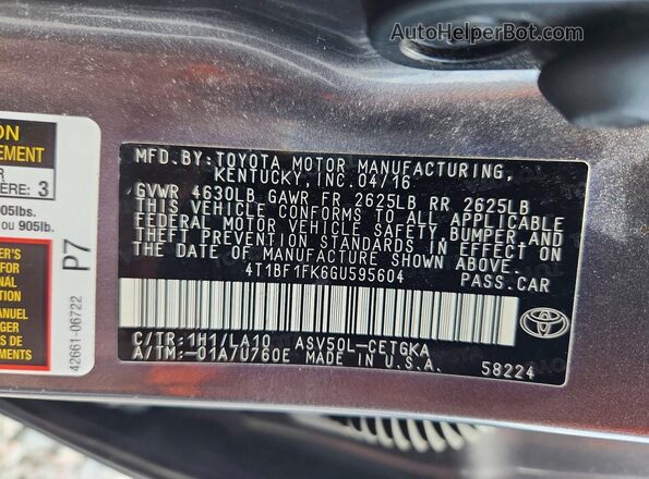 4T1BF1FK6GU595604 2016 TOYOTA CAMRY Gray Вид підкапотного простору