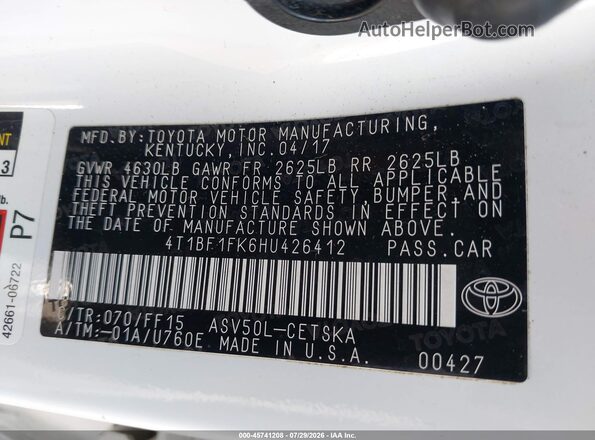 4T1BF1FK6HU426412 2017 TOYOTA CAMRY White Widok komory silnika