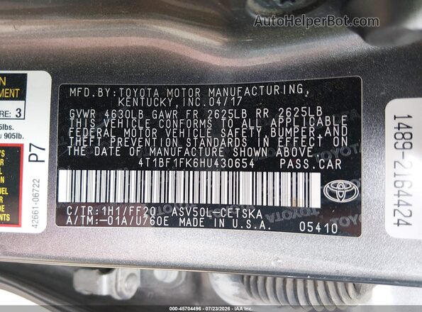 4T1BF1FK6HU430654 2017 TOYOTA CAMRY Серый Вид подкапотного пространства