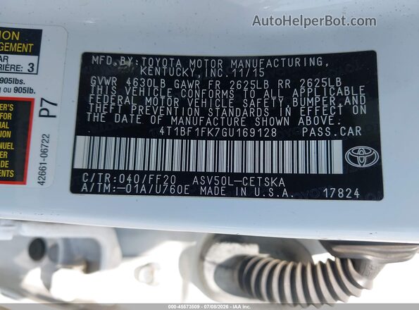 4T1BF1FK7GU169128 2016 TOYOTA CAMRY White Շարժիչի բաժամունքի տեսք