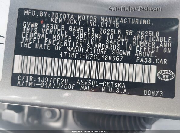4T1BF1FK7GU188567 2016 TOYOTA CAMRY Silver Widok komory silnika
