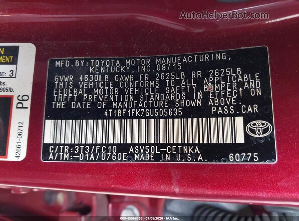 4T1BF1FK7GU505635 2016 TOYOTA CAMRY Red Вид підкапотного простору