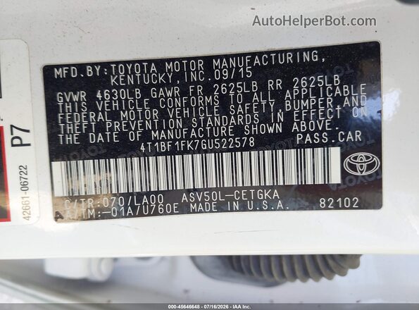 4T1BF1FK7GU522578 2016 TOYOTA CAMRY White Widok komory silnika
