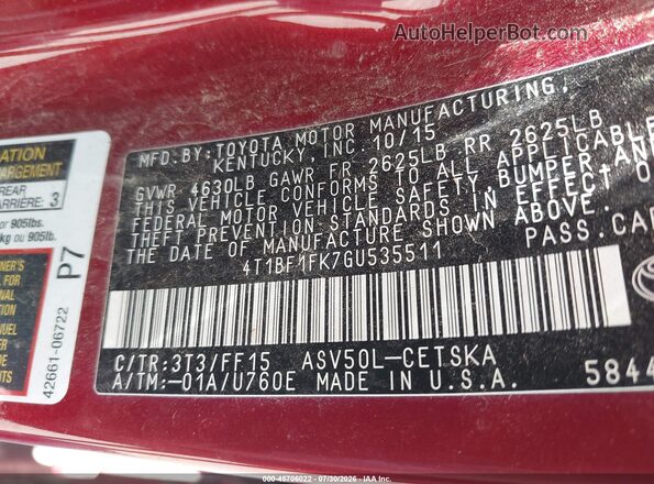 4T1BF1FK7GU535511 2016 TOYOTA CAMRY Red Շարժիչի բաժամունքի տեսք