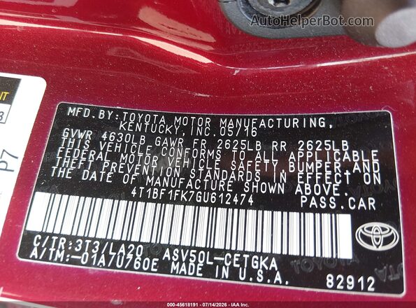 4T1BF1FK7GU612474 2016 TOYOTA CAMRY Red ძრავის განყოფილების ხედი