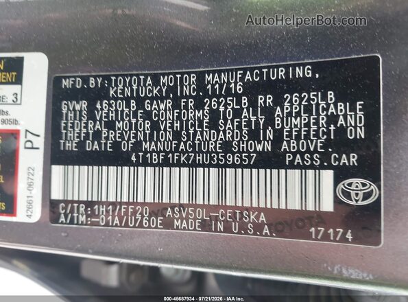 4T1BF1FK7HU359657 2017 TOYOTA CAMRY Коричневый Вид подкапотного пространства