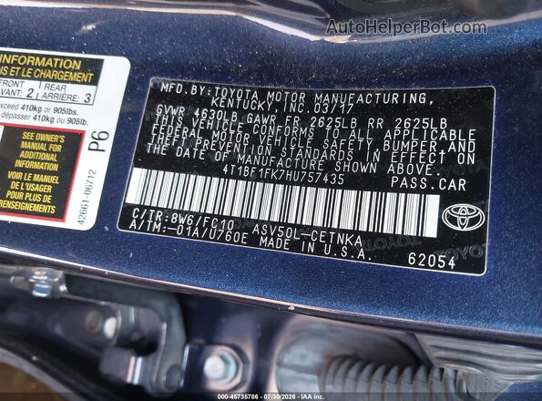4T1BF1FK7HU757435 2017 TOYOTA CAMRY Dark Blue Вид підкапотного простору