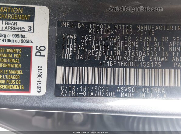 4T1BF1FK8GU152175 2016 TOYOTA CAMRY Gray Շարժիչի բաժամունքի տեսք