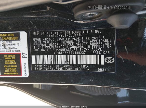 4T1BF1FK8GU188237 2016 TOYOTA CAMRY Black Vista del compartimento del motor