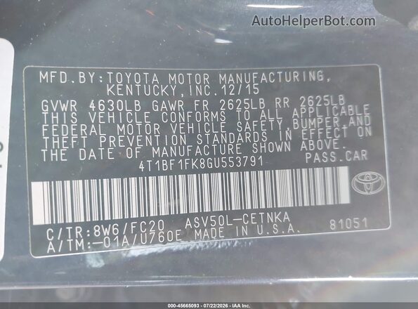 4T1BF1FK8GU553791 2016 TOYOTA CAMRY Blue Вид підкапотного простору