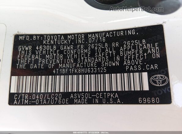 4T1BF1FK8HU633125 2017 TOYOTA CAMRY White ძრავის განყოფილების ხედი