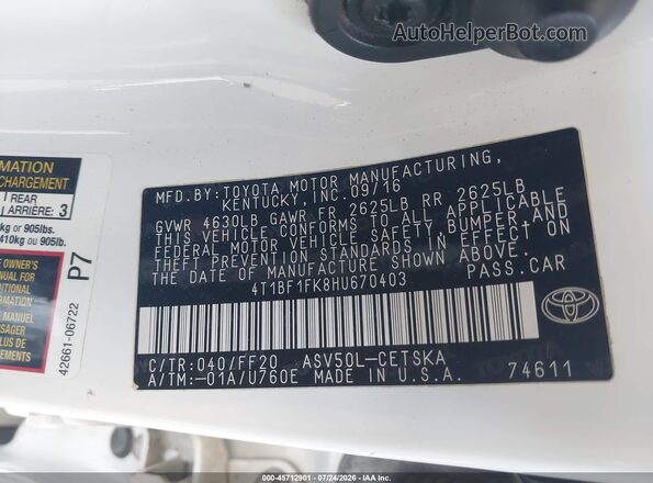 4T1BF1FK8HU670403 2017 TOYOTA CAMRY White Engine compartment view