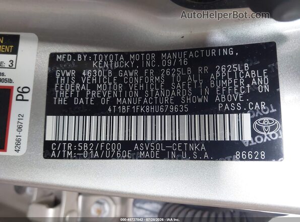 4T1BF1FK8HU679635 2017 TOYOTA CAMRY Желто-коричневый Вид подкапотного пространства