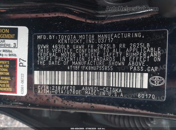 4T1BF1FK8HU755855 2017 TOYOTA CAMRY Black Widok komory silnika