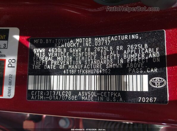4T1BF1FK8HU764362 2017 TOYOTA CAMRY Red Engine compartment view