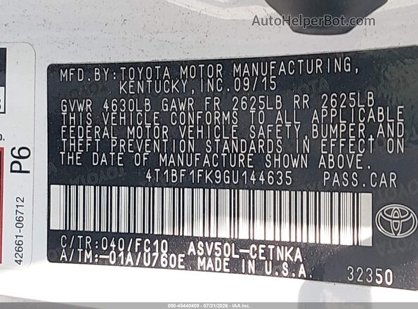 4T1BF1FK9GU144635 2016 TOYOTA CAMRY White Вид підкапотного простору