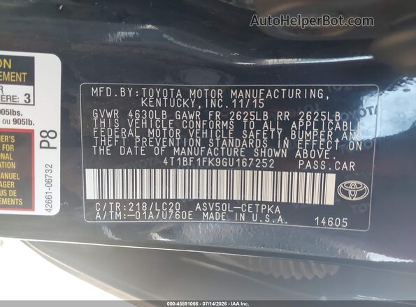 4T1BF1FK9GU167252 2016 TOYOTA CAMRY Black ძრავის განყოფილების ხედი