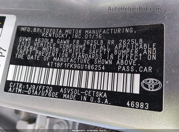 4T1BF1FK9GU186254 2016 TOYOTA CAMRY Silver Вид підкапотного простору