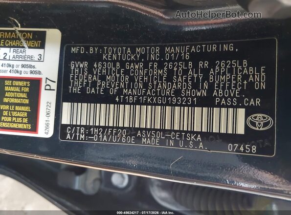 4T1BF1FKXGU193231 2016 TOYOTA CAMRY Серый Вид подкапотного пространства