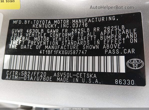 4T1BF1FKXGU587747 2016 TOYOTA CAMRY Champagne Вид підкапотного простору