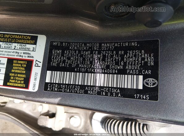 4T1BF1FKXHU440684 2017 TOYOTA CAMRY Gray Շարժիչի բաժամունքի տեսք