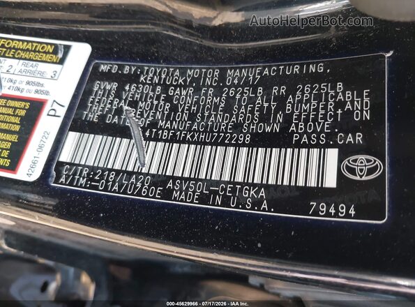 4T1BF1FKXHU772298 2017 TOYOTA CAMRY Черный Вид подкапотного пространства