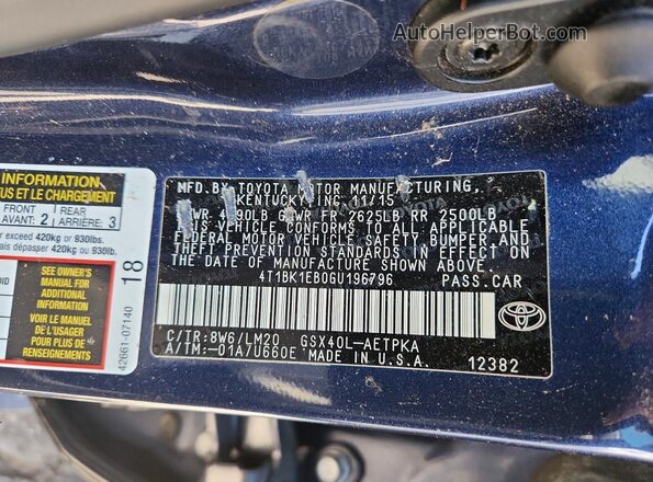 4T1BK1EB0GU196796 2016 TOYOTA AVALON Blue Շարժիչի բաժամունքի տեսք
