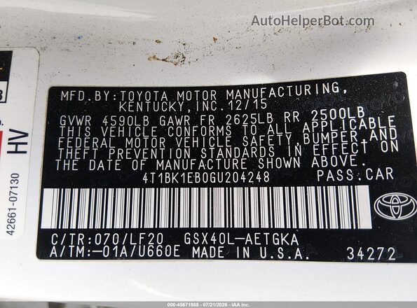 4T1BK1EB0GU204248 2016 TOYOTA AVALON Белый Вид подкапотного пространства
