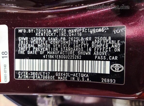 4T1BK1EB0GU225262 2016 TOYOTA AVALON Purple ძრავის განყოფილების ხედი