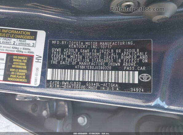 4T1BK1EB0JU280320 2018 TOYOTA AVALON Blue Widok komory silnika