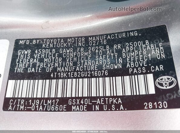 4T1BK1EB2GU216076 2016 TOYOTA AVALON Серебряный Вид подкапотного пространства